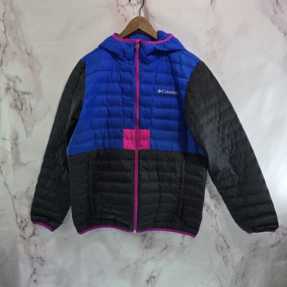 Columbia Down Jacket Mens Medium Blue Pink Black Puffer Coat Retro Colorblock - Picture 1 of 12